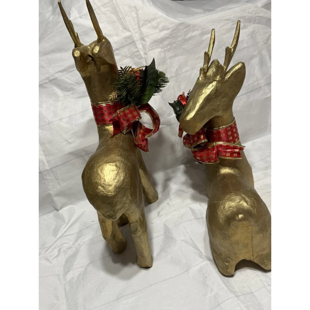 Pair Of Papier Mache Gold Deer Christmas Decorations Reindeer Figurines Holiday - Picture 6 of 7